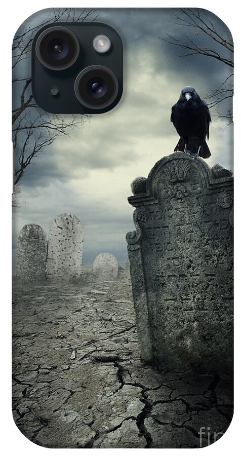 Graveyard iPhone Case featuring the digital art Crow on the tombstone. Halloween design. by Jelena Jovanovic