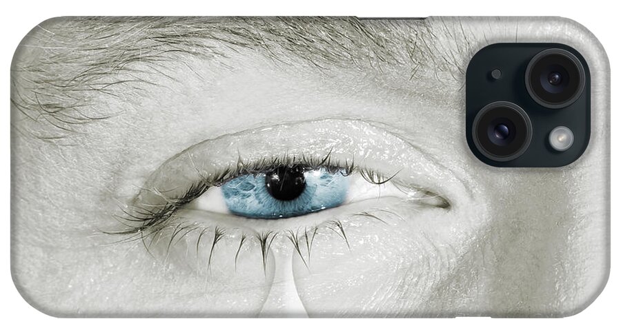 Black And White iPhone Case featuring the pyrography Crying blue right eye by Benny Marty