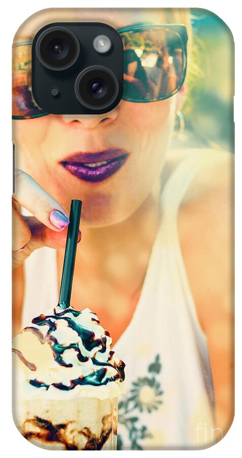 Retro iPhone Case featuring the photograph Cute retro girl drinking milkshake by Jorgo Photography