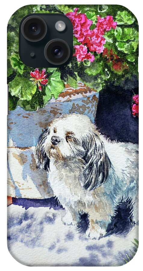 Dog iPhone Case featuring the painting Cute Shih Tzu Dog Under Geranium by Irina Sztukowski