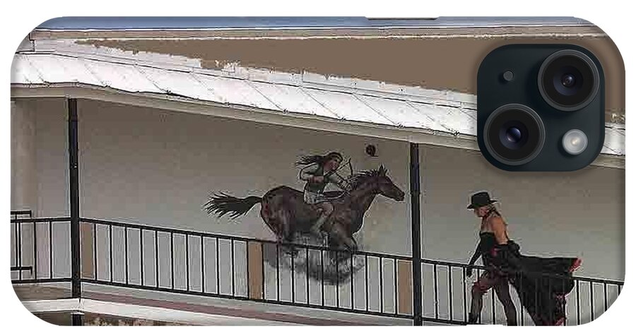 Dancehall Re-enactor And Apache Warrior Drawn On Motel Wall Tombstone Arizona 2004-2008 iPhone Case featuring the photograph Dancehall re-enactor and Apache warrior drawn on motel wall Tombstone Arizona 2004-2008  by David Lee Guss