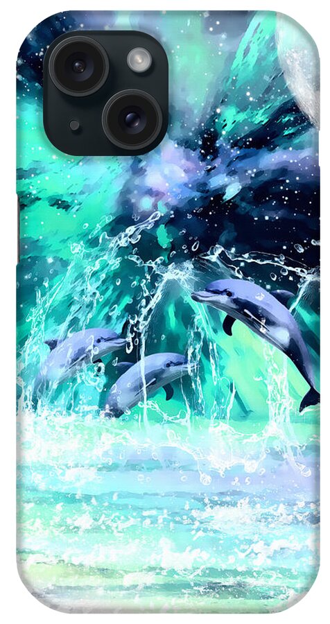Dolphins iPhone Case featuring the digital art Dancing Dolphins Under the Moon by Alicia Hollinger