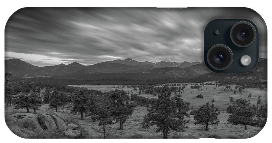 Rocky Mountains National Park iPhone Case featuring the photograph Dark Clouds Passing in Rocky Mountains NP black and white by Michael Ver Sprill