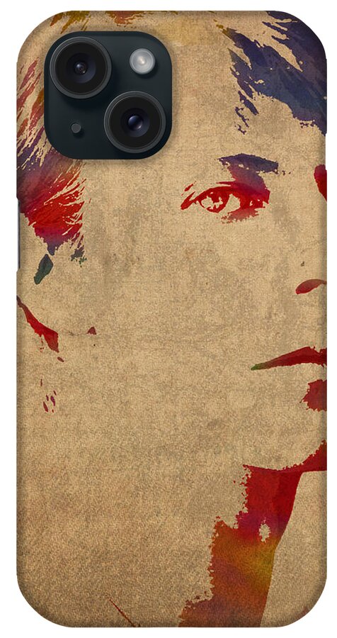David Bowie iPhone Case featuring the mixed media David Bowie Rock Star Musician Watercolor Portrait on Worn Distressed Canvas by Design Turnpike