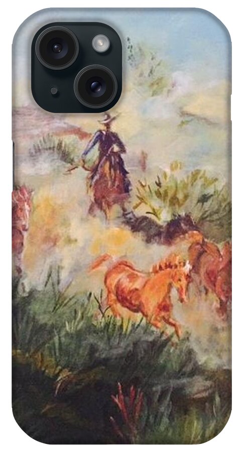 Cowboy Rounding Up The Remuda At Dawn; Horses iPhone Case featuring the painting Dawn Roundup by Charme Curtin