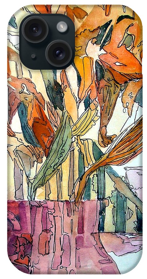 Day Lilies iPhone Case featuring the painting Day Lilies in a Rose Vase by Mindy Newman