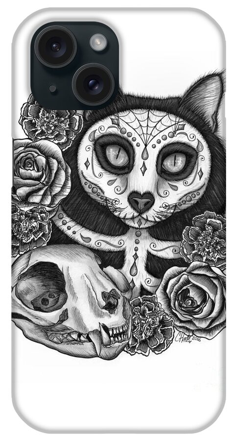 Dia De Los Muertos Gato iPhone Case featuring the drawing Day of the Dead Cat Skull - Sugar Skull Cat by Carrie Hawks