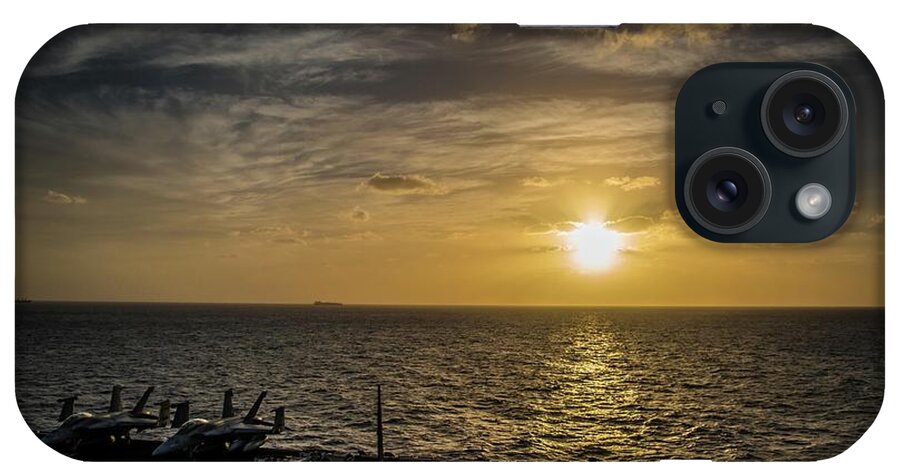 Navy iPhone Case featuring the photograph December Deployment Sunset by Larkin's Balcony Photography