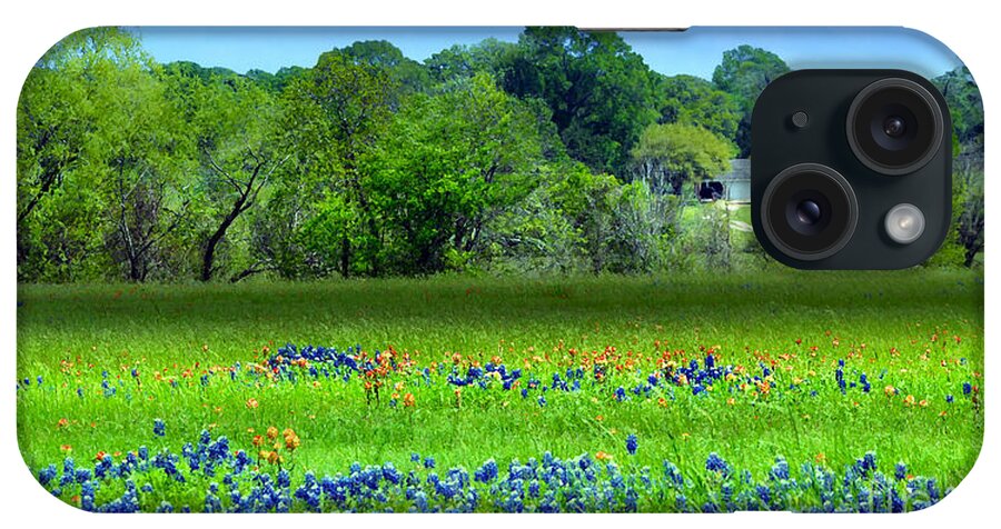 Mixedmedia iPhone Case featuring the mixed media Decorative Texas Homestead Bluebonnets Meadow Mixed Media Photo H32517 by Mas Art Studio
