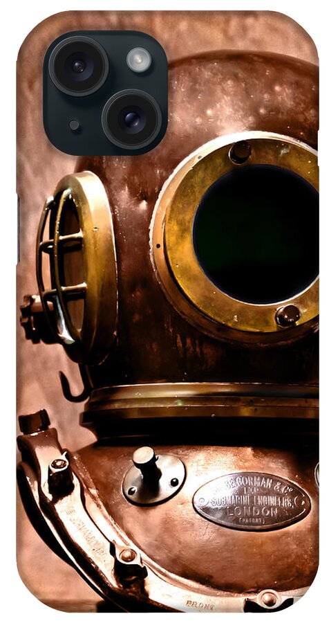 Nobody iPhone Case featuring the photograph Deep diver bronze helmet in hdr and vintage process by Pedro Cardona Llambias