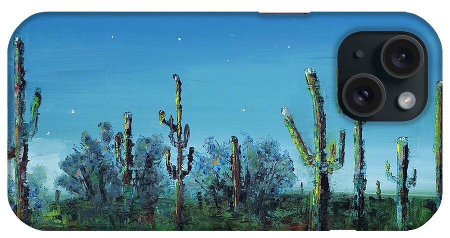 Desert Saguaro Catus In Bloom iPhone Case featuring the painting Desert Blue by Frances Marino