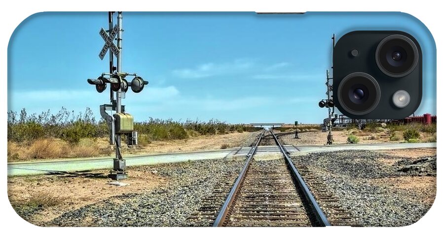 Railway Crossing; Railroad Crossing; Train Crossing; Union Pacific; Freight Train; Yellow; Blue; Green; Red; Water Storage; Train Tracks; Train Signal; Mojave Desert; Mohave Desert; Antelope Valley; Joe Lach iPhone Case featuring the photograph Desert Railway Crossing by Joe Lach