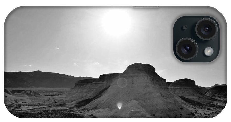 Desert iPhone Case featuring the photograph Desert Rocks Sun Flare Black and White by Matt Quest