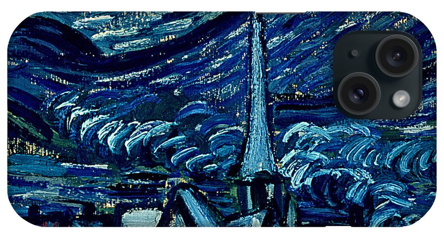 Post-impressionist;stars;star;nocturne;landscape;church Spire;moon;moonlight;tree;sky;cosmic;st;remy;provence;french;saint-remy;post-impressionism iPhone Case featuring the painting Detail of The Starry Night by Vincent Van Gogh