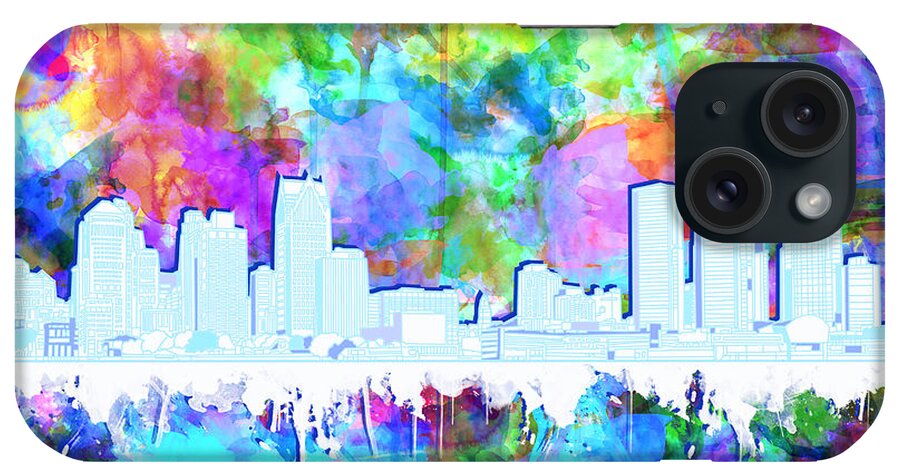 Detroit iPhone Case featuring the painting Detroit Skyline Watercolor Vibrant by Bekim M