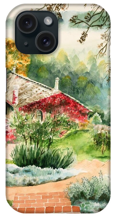 View Of Pathway To Red Cottage And Mountains In Mist iPhone Case featuring the painting Dievole Vineyard in Tuscany by Judy Swerlick