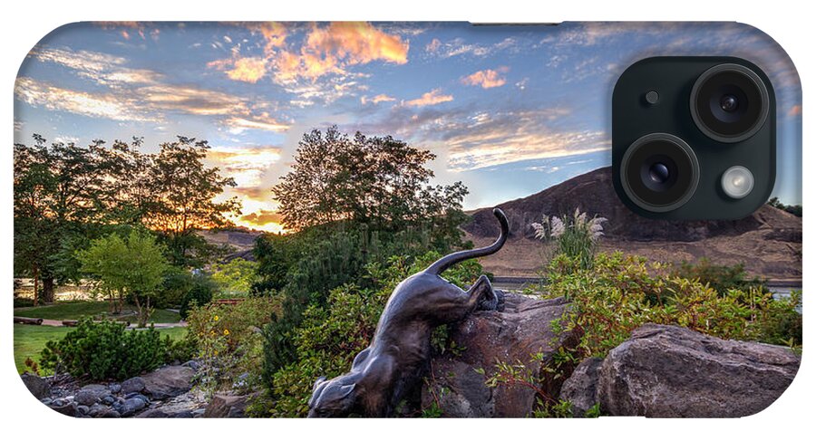  Lc Valley Lewiston Idaho Clarkston Washington Hell's Gate National Park Discovery Center Bronze Cougar Swallow's Nest Rock Sunset iPhone Case featuring the photograph Discovery Center Cougar Sculpture by Brad Stinson