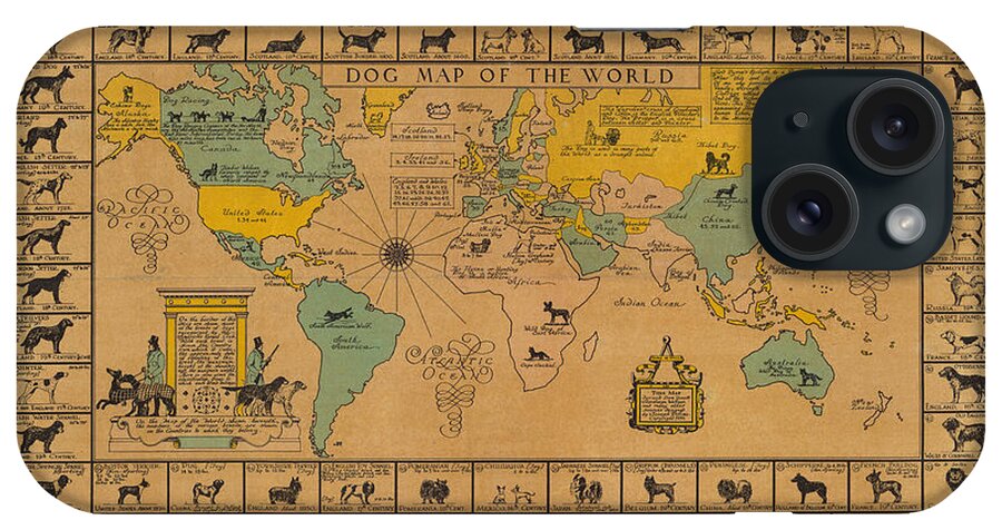 Dog Map Of The World iPhone Case featuring the drawing Dog Map of the World - Breeds of Dogs from around the World - For Dog Lovers - Antique Chart by Studio Grafiikka