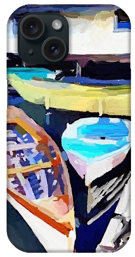 Yellow Dory iPhone Case featuring the painting Dory Dock at Beacon Marine Basin by Melissa Abbott