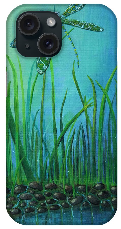Dragon Fly iPhone Case featuring the painting Dragonfly at the Bay by Mindy Huntress
