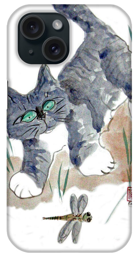 Cat+art Cat+cartoon Felines Sumi Kitten Neko Cat+drawings Cat+illustrations Funny Happy Humor Whimsy Whimsical Pets Cat  iPhone Case featuring the painting Dragonfly Chase by Ellen Miffitt