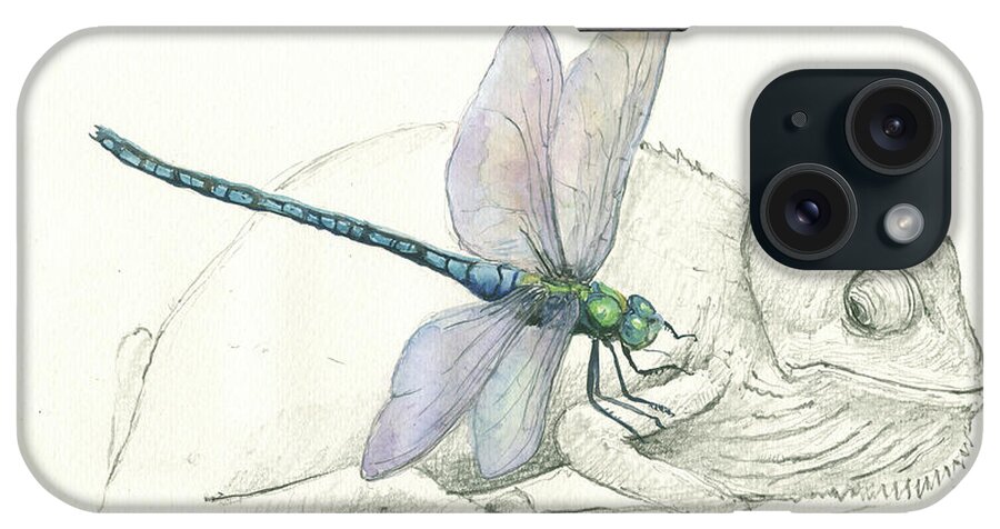 Dragonfly Art iPhone Case featuring the painting Dragonfly with chameleon by Juan Bosco