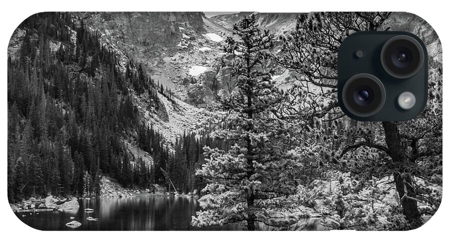 America iPhone Case featuring the photograph Dream Lake and Hallet Peak - Colorado Mountain Landsdcape Monochrome - Square Format by Gregory Ballos