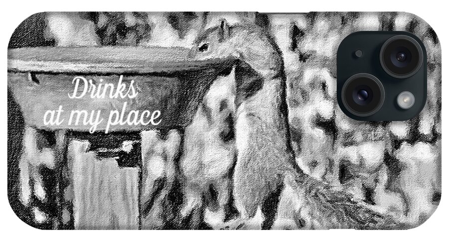 Squirrel Four Legged Animal Backyard Heated Birdbath Water Black Fence Midwest Thirsty Invitation Invite Drinks iPhone Case featuring the photograph Drinks At My Place by Diane Lindon Coy