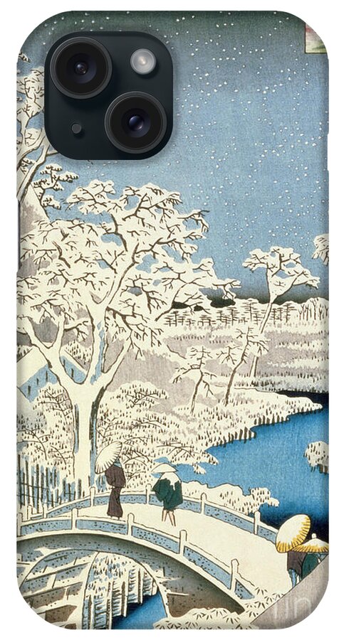 Hiroshige iPhone Case featuring the painting Drum bridge and Setting Sun Hill at Meguro by Hiroshige