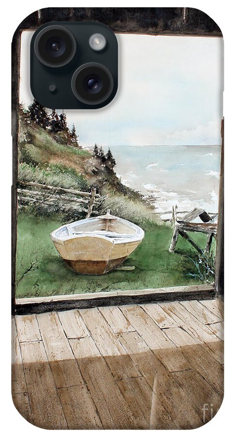 An Old Barn Frames Up An Image Of A Fisherman's Dry Docked Boat And The Rugged Shore Line And Ocean In The Distance. iPhone Case featuring the painting Dry Docked by Monte Toon