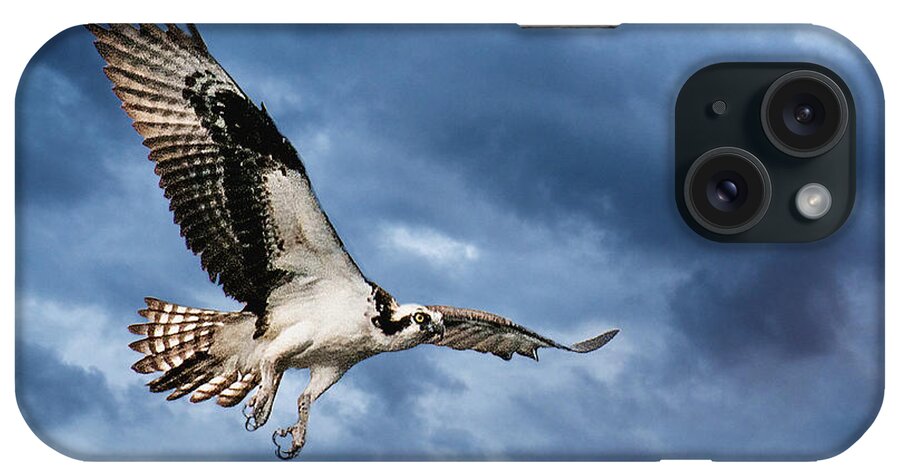 An Osprey Starts An Early Patrol Over The Lake Looking For It's First Catch Of The Day Against A Cold And Stormy Sky. iPhone Case featuring the photograph Early morning Osprey by Brian Tarr