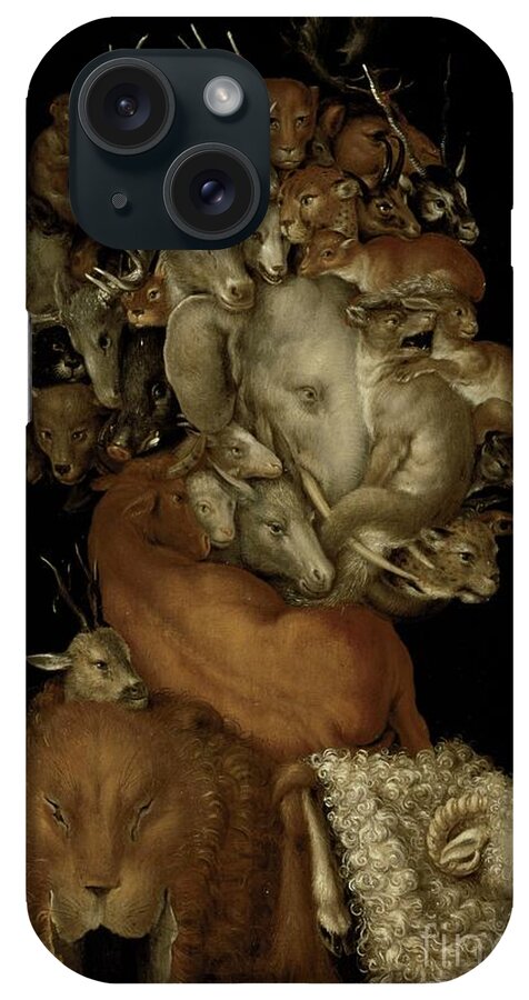 Elephant; Lion; Sheep; Deer; Grotesque; Allegory; Antlers; Horns; Face; Animal; Heads; Head; Game iPhone Case featuring the painting Earth by Giuseppe Arcimboldo by Giuseppe Arcimboldo