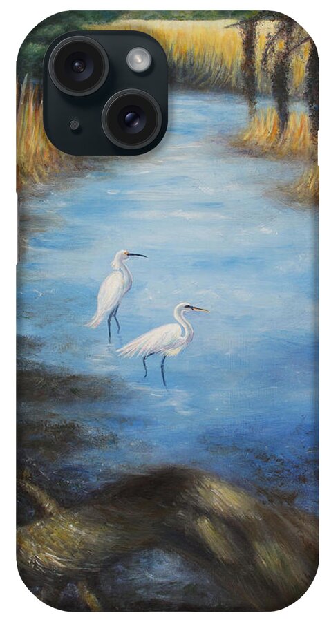 Landscape iPhone Case featuring the painting Egrets on the Ashley at Charles Towne Landing by Pamela Poole