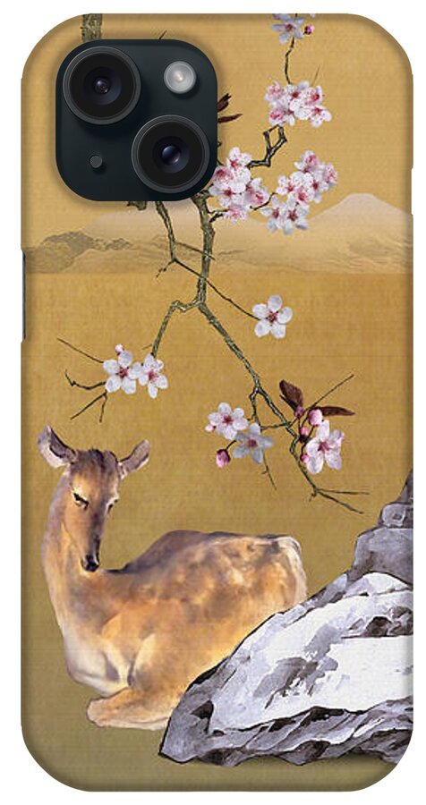 Deer; Doe; Cherry Tree; Blossoms; Cherry Blossoms; Asian; Eastern Art; Spadecaller; Digitial Art; Digital Painting; Fine Art iPhone Case featuring the digital art Enchanted Doe by M Spadecaller