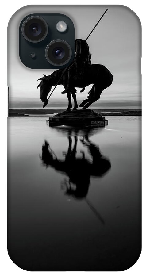 America iPhone Case featuring the photograph End of the Trail Silhouette Reflection - Top of the Rock - Black and White by Gregory Ballos