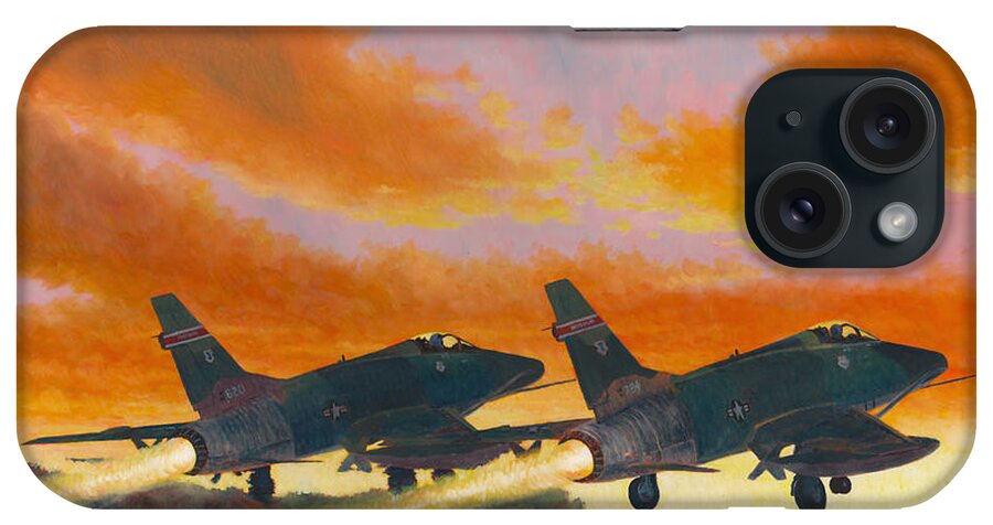 Aviation Art iPhone Case featuring the painting F-100D's Missouri ANG at Dusk by Douglas Castleman