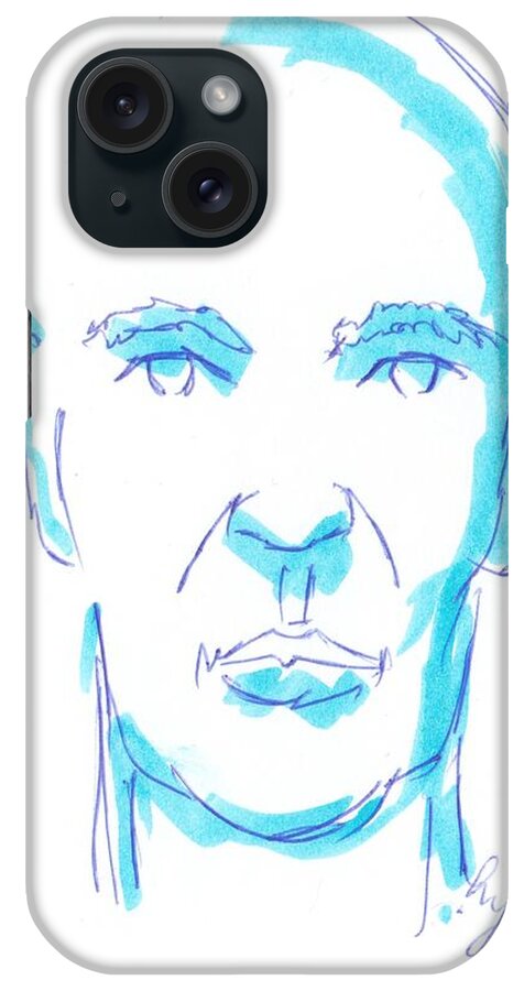 Man iPhone Case featuring the drawing Face of a man illustration - Blue line drawing by Mike Jory