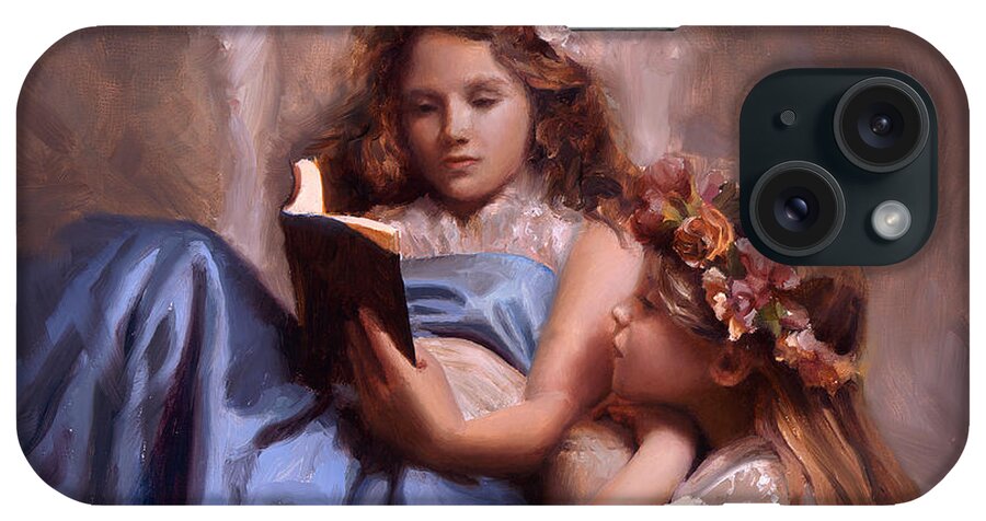 Painting Of Girls Reading iPhone Case featuring the painting Fairytales and Lace - Portrait of Girls Reading a Book by K Whitworth