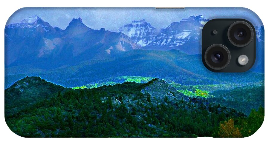 Blues And Greens Show Off This Mysterious And Peaceful Colorado Scene Of Hay Fields And Majestic Mountains. iPhone Case featuring the digital art Fall before the San Juans by Annie Gibbons