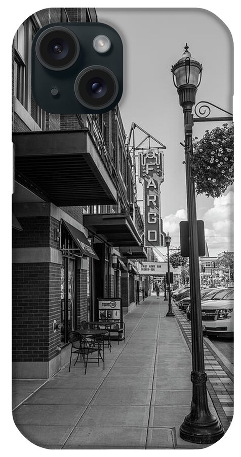Fargo iPhone Case featuring the photograph Fargo Sign and Sidewalk Black and White by John McGraw