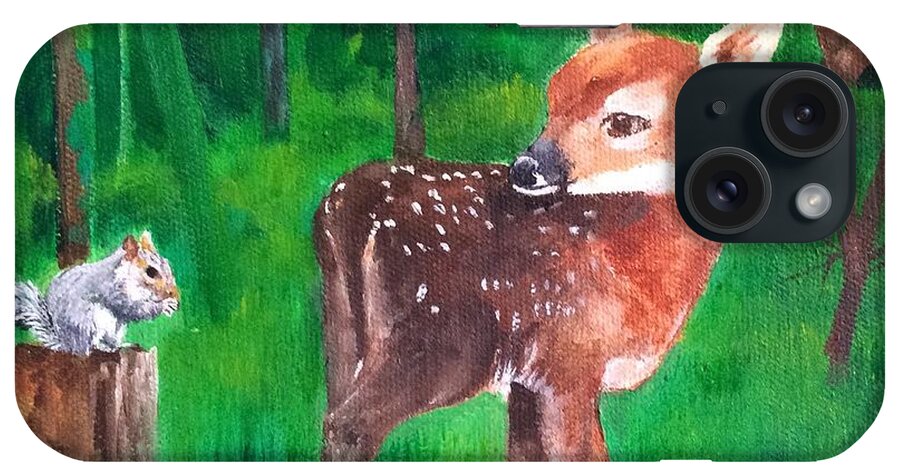 Fawn iPhone Case featuring the painting Fawn with squirrel by Ellen Canfield