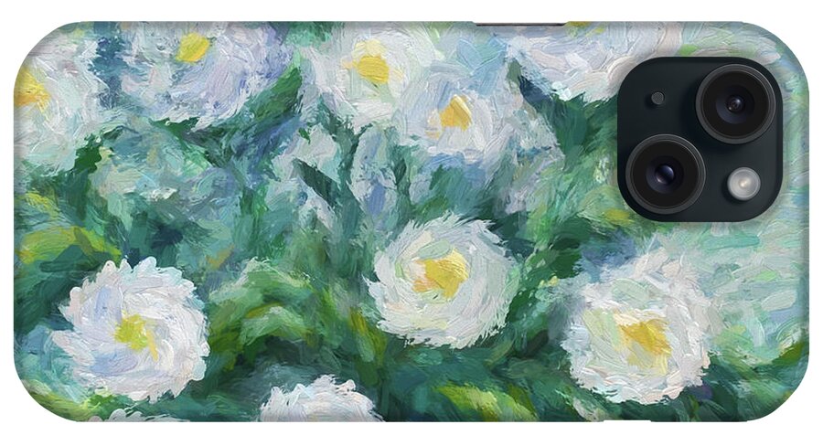 White Flowers Painted On A Periwinkle And Green Background iPhone Case featuring the painting Finger Painted Garden Flowers by Barbara McMahon