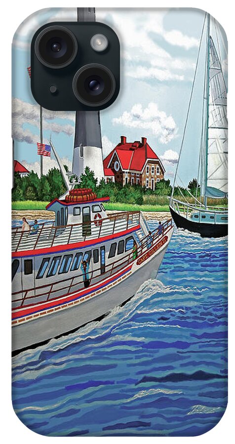 Fire Island Light House iPhone Case featuring the painting Fire Island Lighthouse and boats in the Great South Bay towel version by Bonnie Siracusa