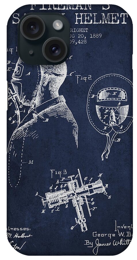 Fireman iPhone Case featuring the digital art Firemans Safety Helmet Patent from 1889 - Navy Blue by Aged Pixel