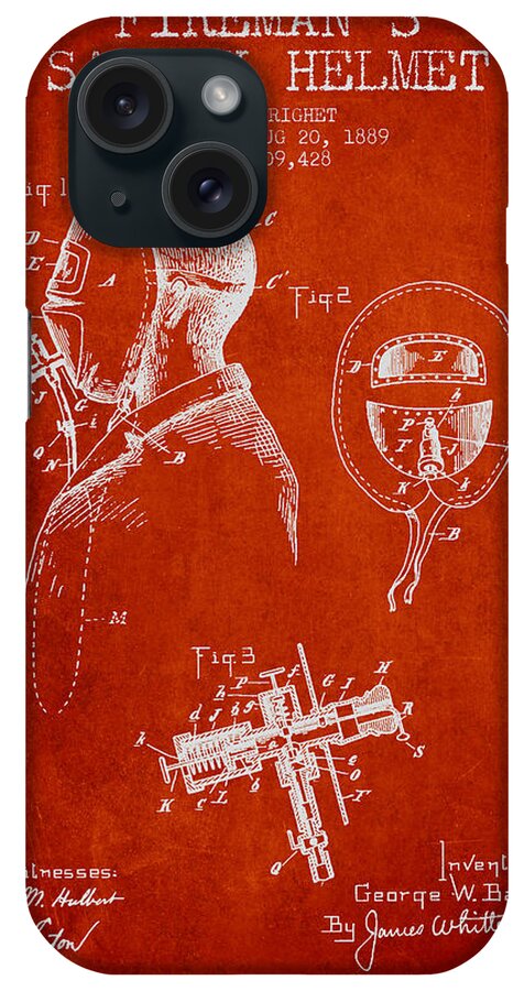 Fireman iPhone Case featuring the digital art Firemans Safety Helmet Patent from 1889 - Red by Aged Pixel