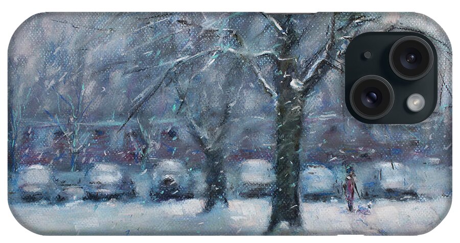 Snowfall iPhone Case featuring the painting First Snowfall 2017 by Ylli Haruni