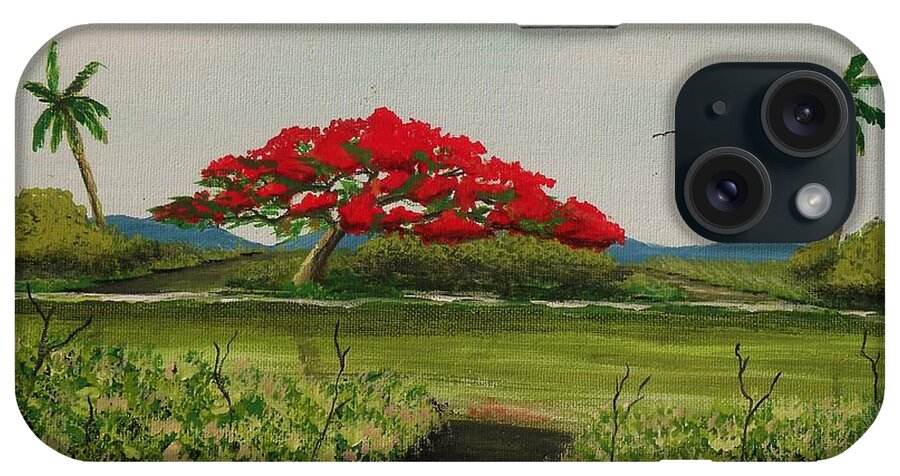 Flamboyan iPhone Case featuring the painting Flamboyan a la orilla del rio by Edwin Alverio