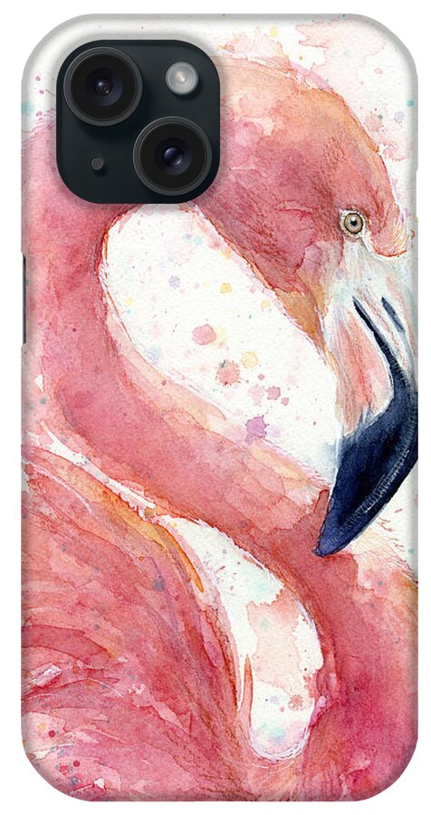 Watercolor Flamingo iPhone Case featuring the painting Flamingo - Facing Right by Olga Shvartsur