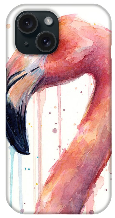 Watercolor Flamingo iPhone Case featuring the painting Flamingo Watercolor Illustration by Olga Shvartsur