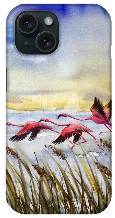 Flamingoes iPhone Case featuring the painting Flamingoes flight by Katerina Kovatcheva